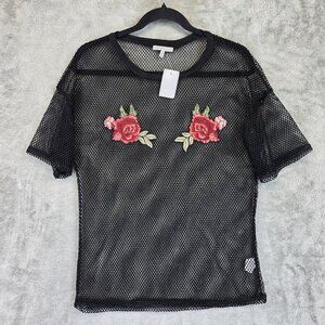 Charlotte Russe Shirt Womens Small Black Mesh Fishnet Sheer Rose Embroidered